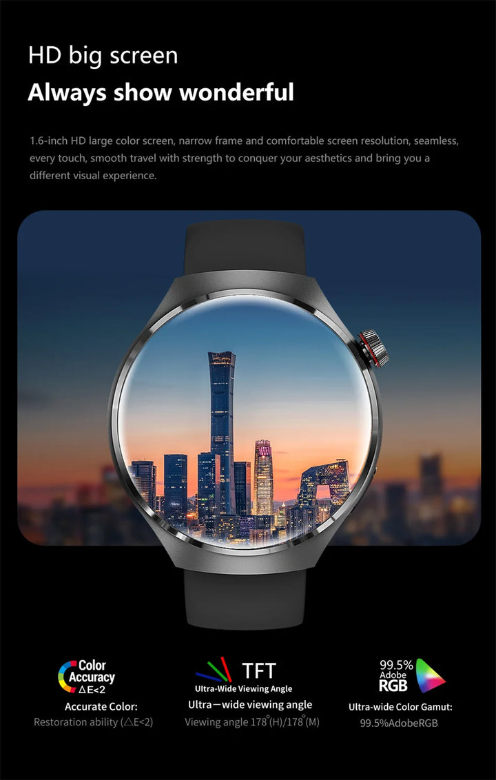Premium GPS-Smartwatch für Männer und Frauen | 360° AMOLED-Display, NFC, Bluetooth-Anruf, IP68 wasserdicht, Herzfrequenzmonitor, Fitness-Tracker, Schlafüberwachung, Mehrsportmodi