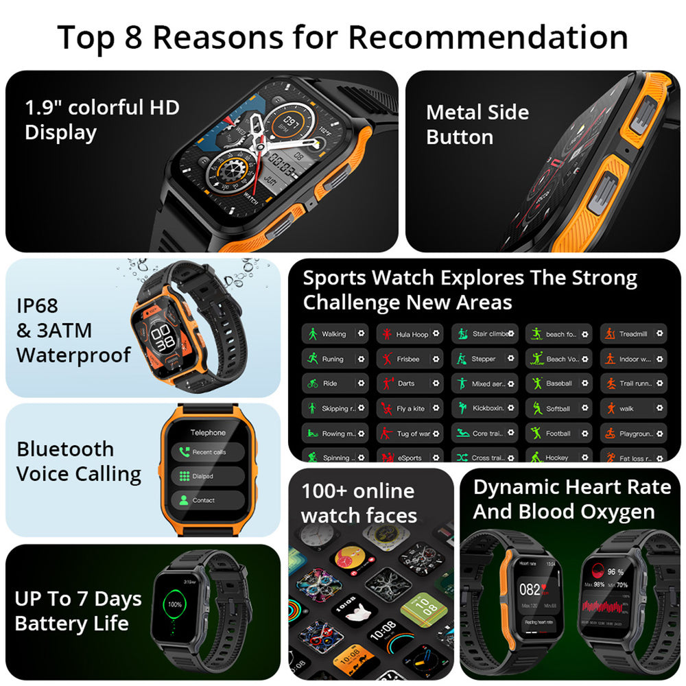 Premium Smartwatch with 1.96" Curved AMOLED Display, Bluetooth Calling, IP68 Waterproof, 100+ Sports Modes, AI Voice 
