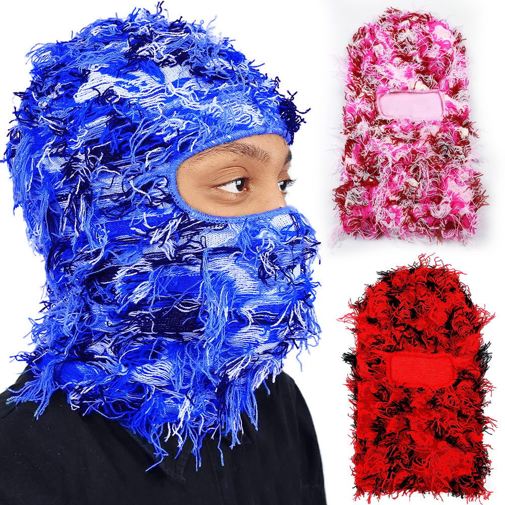 Premium Hip Hop Balaclava Beanie – Distressed Knit Ski Mask for Women, Camouflage Fuzzy Full Face Ski Hat, Outdoor Winter 