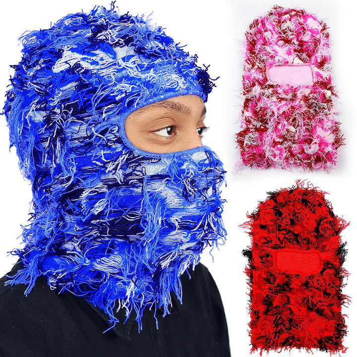 Premium Hip Hop Balaclava Beanie – Distressed Knit Ski Mask for Women, Camouflage Fuzzy Full Face Ski Hat, Outdoor Winter 