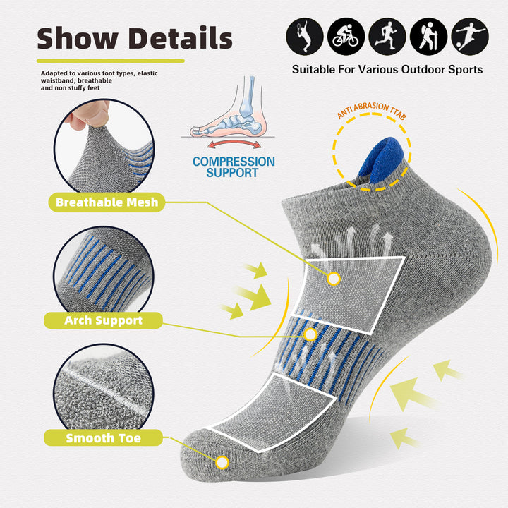 Premium Compression Socks for Men & Women – 6 Pairs Sweat Absorbing Ankle Socks for Hiking, Running, Sports – Low Cut, 