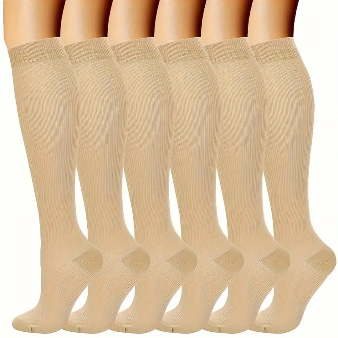 Premium Compression Socks for Men & Women – 6 Pairs, Black & Skin Color – Support for Varicose Veins, Swelling, Recovery, 