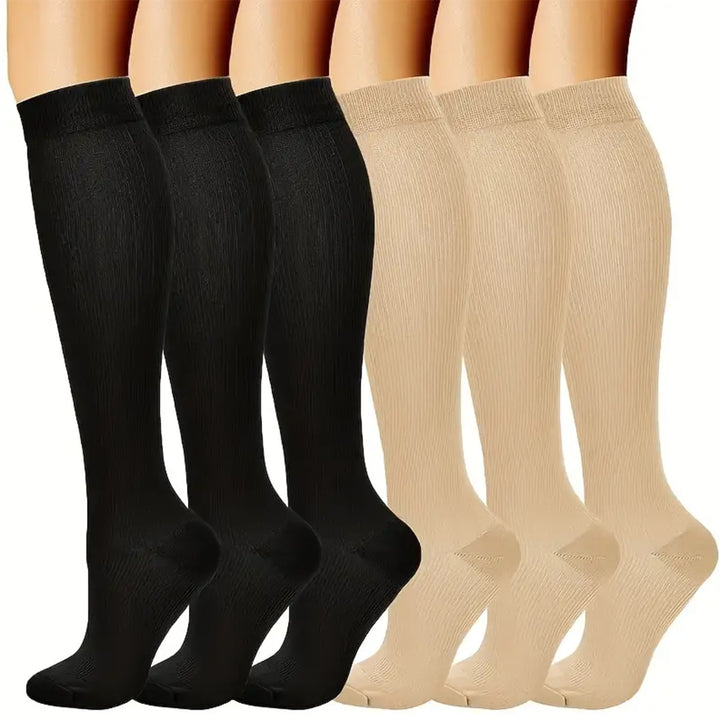Premium Compression Socks for Men & Women – 6 Pairs, Black & Skin Color – Support for Varicose Veins, Swelling, Recovery, 