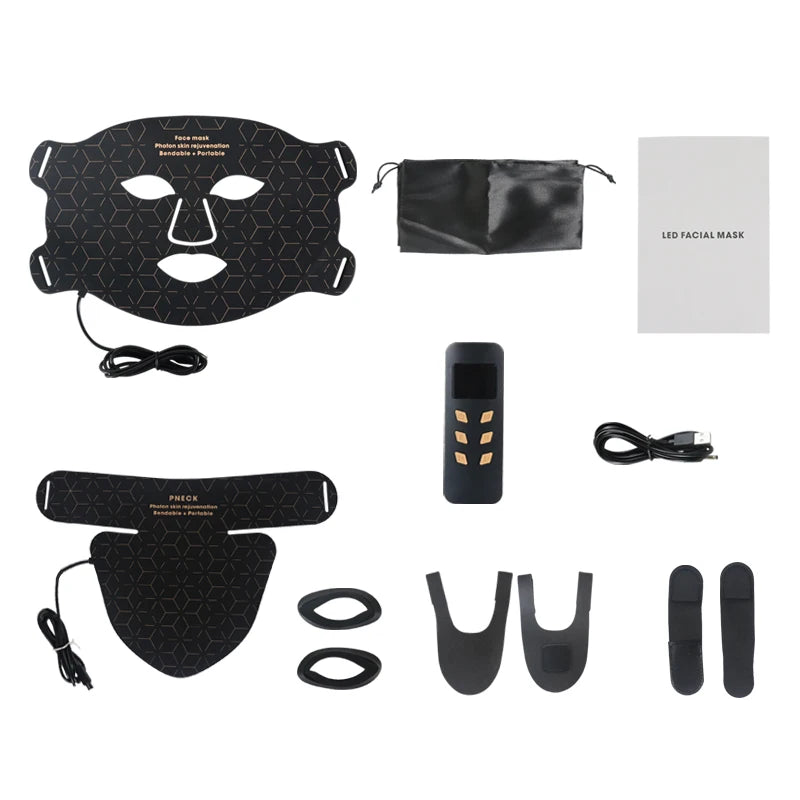 Premium Silicone LED Facial Mask with Neck Coverage - 4 Colors Photon Light Therapy, 168 LED Beads, Anti-Aging, Acne 