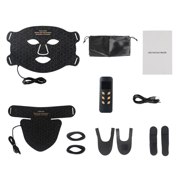 Premium Silicone LED Facial Mask with Neck Coverage - 4 Colors Photon Light Therapy, 168 LED Beads, Anti-Aging, Acne 